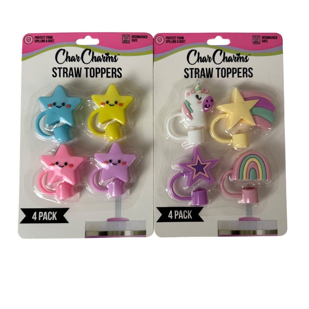 CharCharms Straw Toppers‎ 4 Pk Lot 8 Total Star Unicorn Rainbow Stanley Tumblers